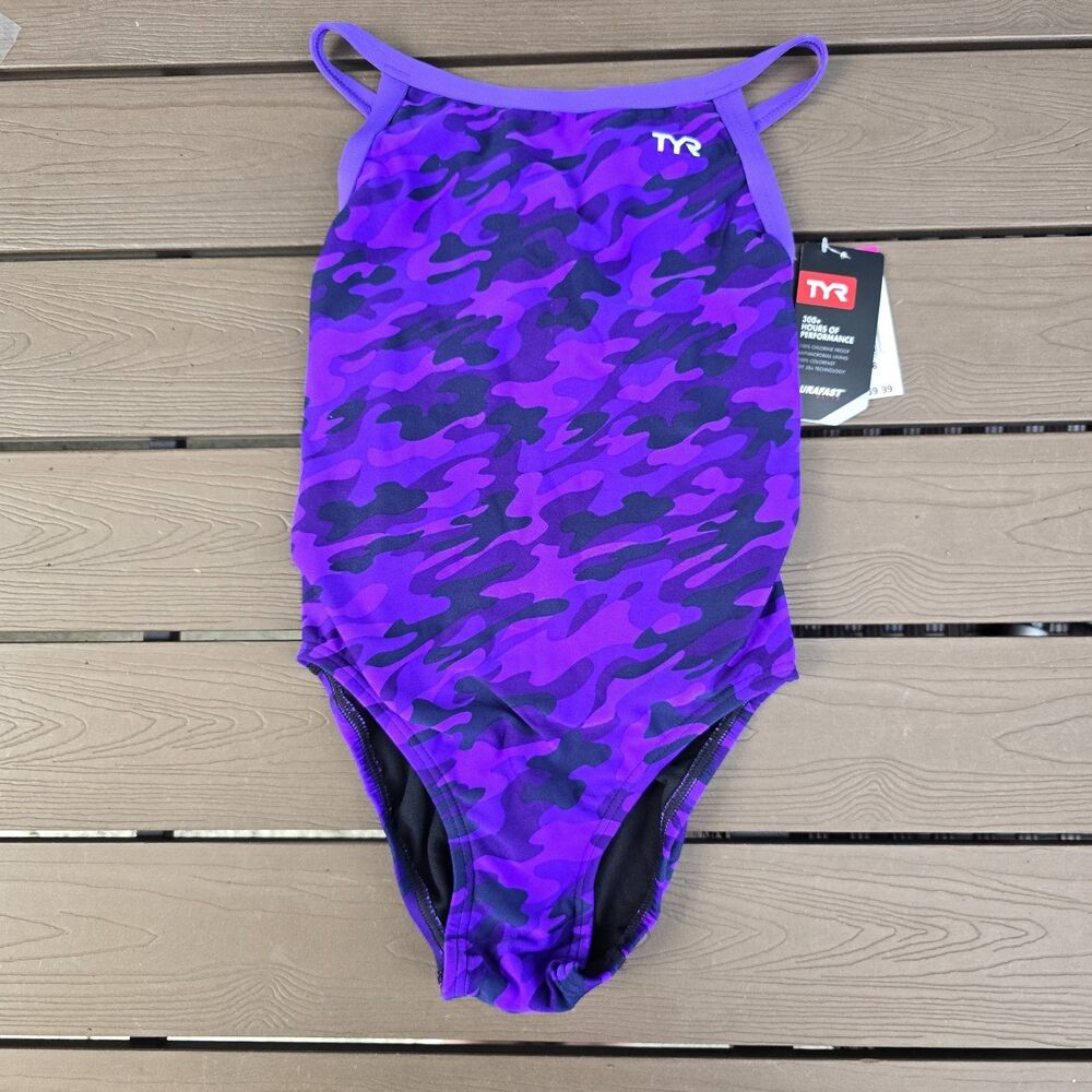 TYR Durafast Elite Youth Girl's Purple Camo Diamondfit One Piece Swim Sz 26 New
